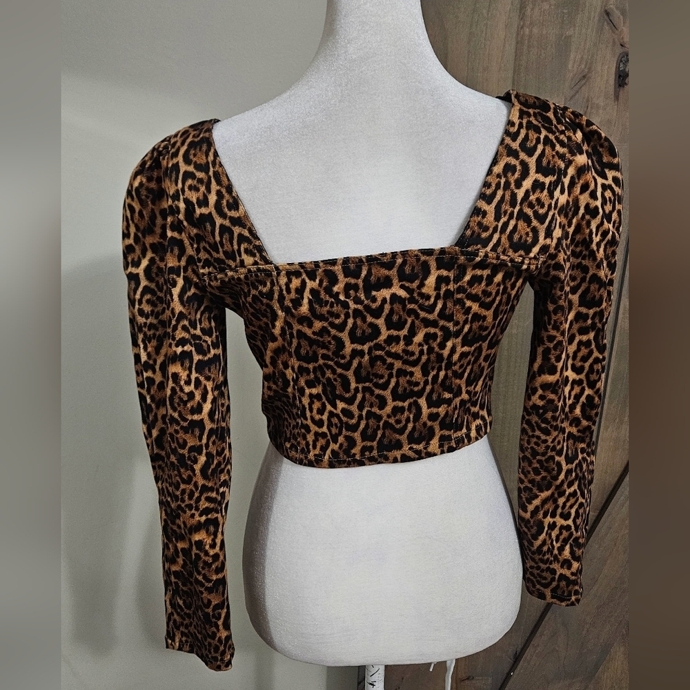 ZARA Leopard Print Long Sleeve Zip Front Puff Sleeve Crop Top.Black/brown.SM NWT - Picture 12 of 14